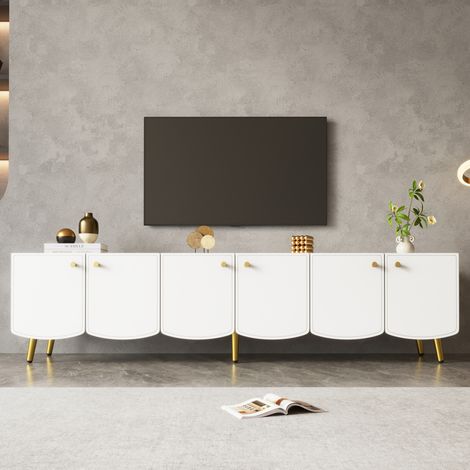 Meuble TV 180 cm avec 6 Portes Grand Rangement Banc TV Salon et Chambre Buffet Bas Moderne - Blanc et Pieds Dorés (1/5)
