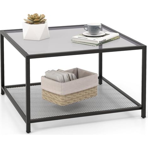 COSTWAY Couchtisch Glas, Glastisch mit 2 Ebenen, Wohnzimmertisch mit Netzregal und Oberfläche aus Hartglas, Kaffeetisch, Sofatisch für Wohnzimmer, 70 x 70 x 45 cm Grau und Schwarz (1/5)