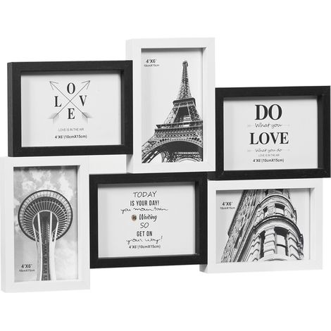 Cornice Portafoto Multipla Mosaico Legno MDF Porta Foto Parete Bianco Nero - 6 Foto Da 10x15 Cm
