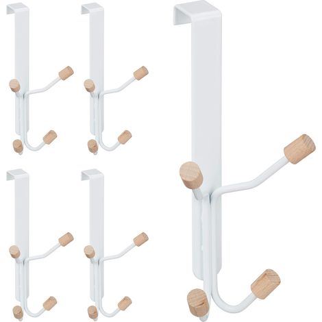 Crochet de porte, lot de 5, scandinave, patères en fer & bois, chambre, H x L x P 19 x 9 x 8 cm, blanc/nature (1/5)