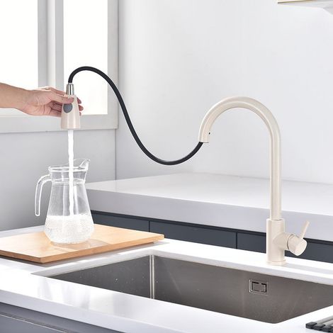 Robinet de Cuisine - Mitigeur Cuisine Rotatif à 360°avec Douchette Extensible, 3 Modes de Pulvérisation Robinet d'Évier en Acier Inoxydable (avoine) (1/5)