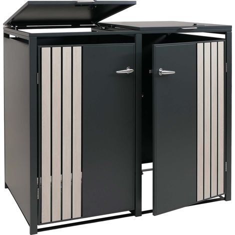 [NON UTILIZZATO] Copribidone doppio HHG-331, copricassonetto con coperchio, metallo 122x132x84 cm 53 kg, antracite effetto legno chiaro