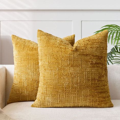 Lot de 2 housses de coussin 40 x 40 cm en chenille douce, pour canapé et salon, couleur jaune gingembre. (1/5)
