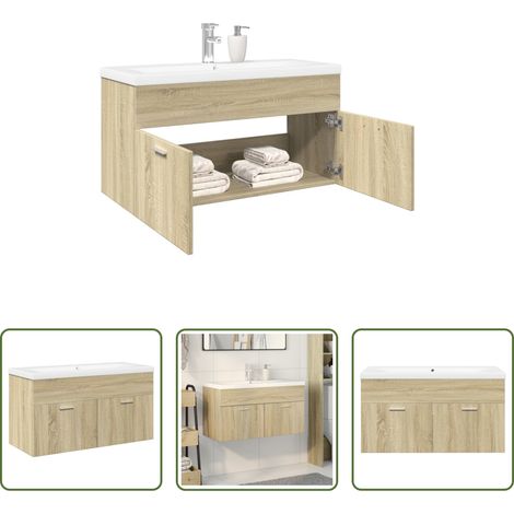 vidaXL Vasque encastrée -  Armoire lavabo de salle de bain et bassin intégré chêne sonoma (1/5)