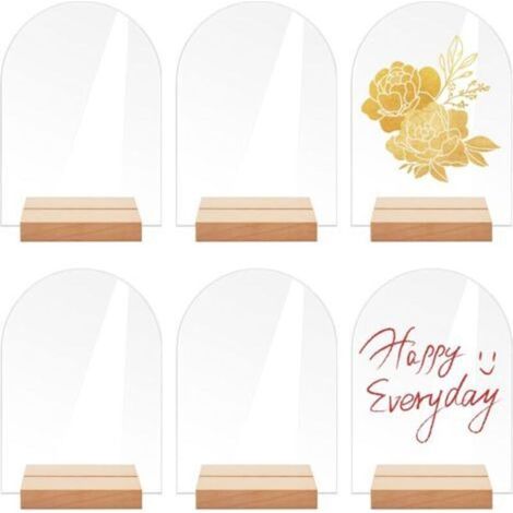 6 Pièces Panneaux en Acrylique Transparent, Panneaux Acryliques en Arc de Cercle, avec Porte-cartes en Bois, pour Numéros de Table, pour anniversaire de mariage, Baptême,Décorations de Tab(14 x 10 cm) (1/5)