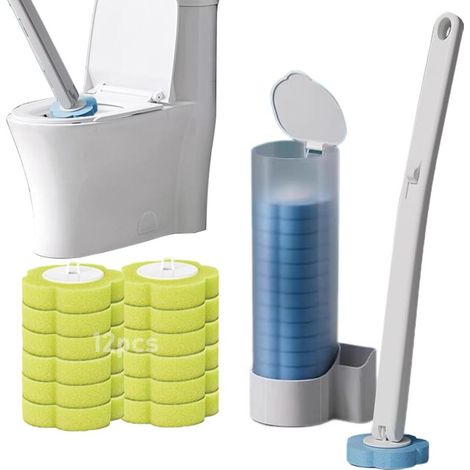 Juego de cepillos desechables para inodoro, cepillo de limpieza para baño con base blanca (cepillo + 12 cabezales de cepillo con aroma a limón) (1/5)