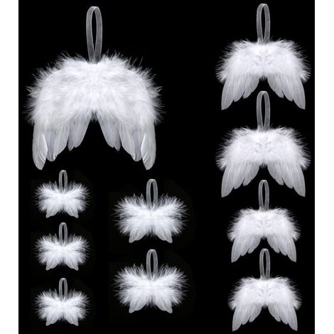 10 alas de ángel con plumas navideñas, adornos blancos para árbol de Navidad, colgantes de alas de ángel con plumas para decoración navideña. (1/4)