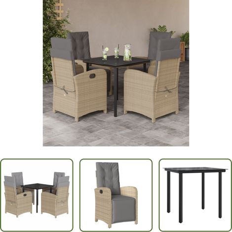 Gartenessgruppe - 5-tlg. Garten-Essgruppe mit Kissen Beige Poly Rattan (1/5)