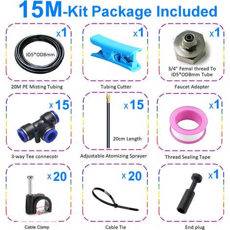 Kit de brumisateur universel réglable (tube de 8 mm de diamètre - 15 m) pour l'irrigation des pelouses et jardins. (1/5)