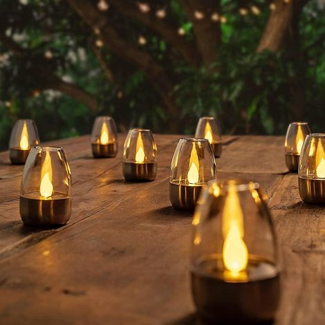 Lot de 10 lampes/bougies solaires LED d'extérieur, bougies chauffe-plat, acier inoxydable et plastique, résistantes aux éclaboussures IP44, lumière vacillante, lampe décorative d'extérieur (1/5)