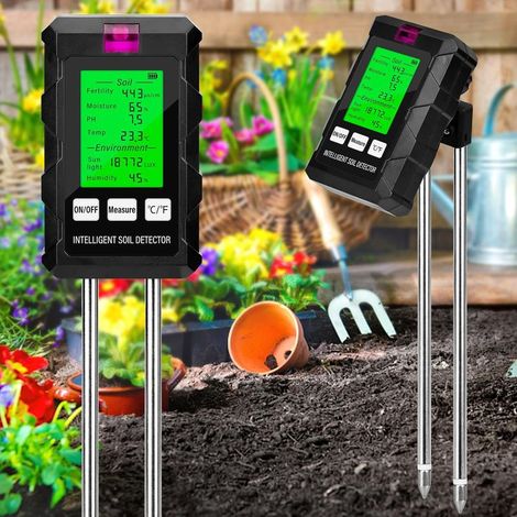 Igrometro 6 in 1 per piante con rilevamento di pH, umidità, fertilità del terreno, luce solare e temperatura misuratore di umidità per piante con schermo LCD per giardinaggio e piante in vaso. (1/5)