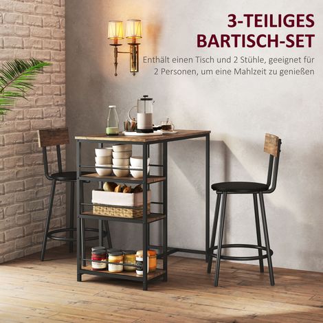 Ensemble Table et Chaises de Bar avec 1 Table Haute, 2 Tabourets, 3 Étagères Latérales, Acier, Chêne (1/5)