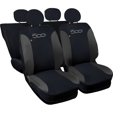 Lupex shop - Coprisedili Auto Compatibili per 500, Made In Italy, set di copri sedili anteriori e posteriori con copri poggiatesta incluso, New, tessuto poliestere, Nero - Grigio Scuro