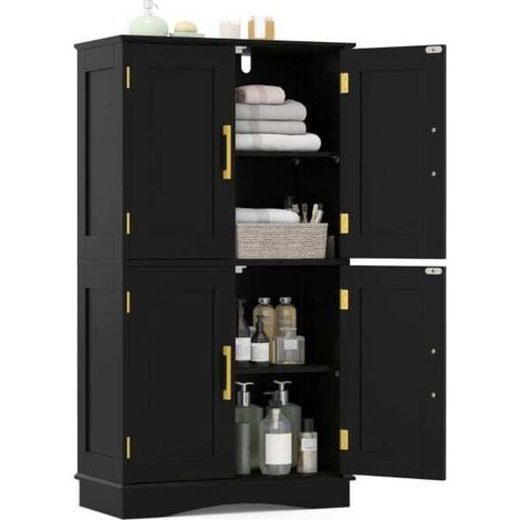 Armoire de rangement noire avec 4 portes et 2 étagères réglables, poignées dorées et moulures pour salle de bain, cuisine et entrée (1/5)
