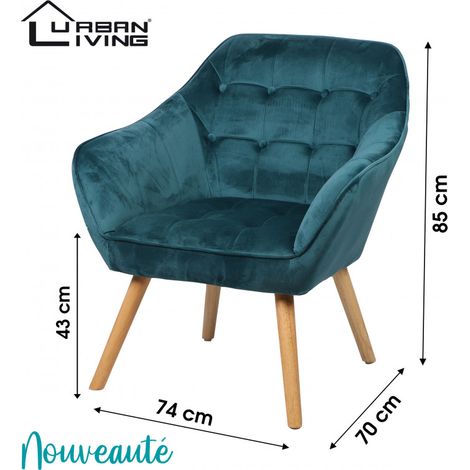 Fauteuil OLY velours - Bleu canard - L 74 x P 70 x H 85 cm - Livraison gratuite