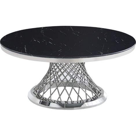 Table Basse DELUXE Ronde Plateau Verre Trempé Marbré Noir Structure Chrome D100x45cm (1/4)