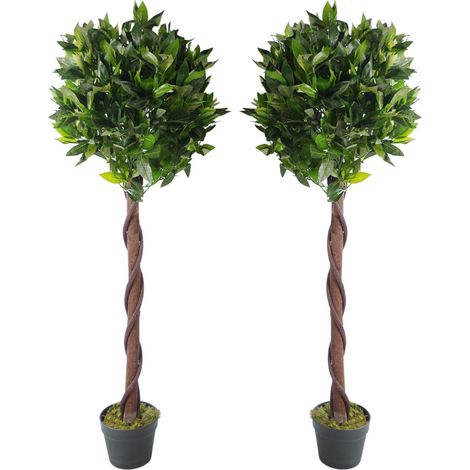 Pair of 120cm (4ft) Twisted Trunk Artificial Topiary Bay Laurel Ball Trees (1/2)