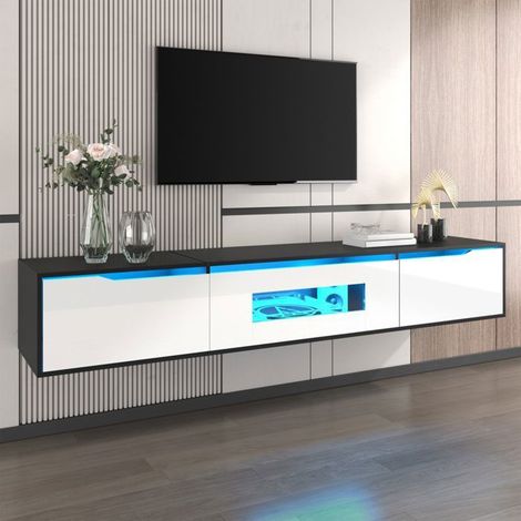 Mueble de TV lacado brillante, negro y blanco, con iluminación LED y puerto USB, 3 puertas, mueble de salón, 180 x 35 x 30 cm (1/5)