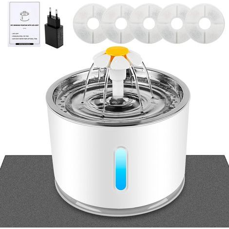 Fontaine à eau pour chat - Avec filtre à charbon actif - Fenêtre de niveau d'eau - LED lumineuse - Grande capacité de 2,4 l - 3 types de débit d'eau de fontaine automatique pour chat (1/5)