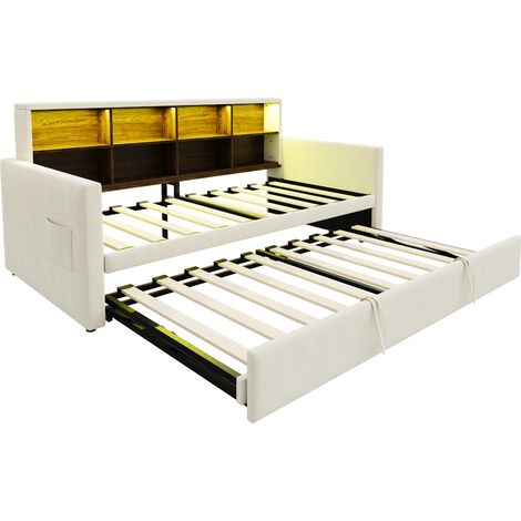 Lit capitonné 90 x 190 cm avec sommier gigogne, tête de lit avec rangements, LED et prises, beige (1/5)