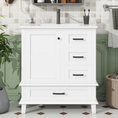 Meuble sous-vasque sur pied 76x46x83,5cm avec lavabo, finition laquée intégrale, étagère de porte, trois tiroirs silencieux, lavabo en céramique intégré, blanc (1/5)