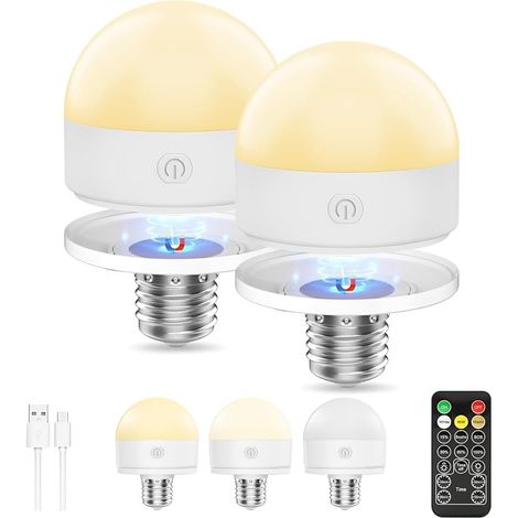 Ampoule Rechargeable avec Telecommande, E27 Led 3 Couleur Dimmable Rechargeable avec Fonction de Timing, Ampoule sur Batterie De Secours 2 Pack (1/5)