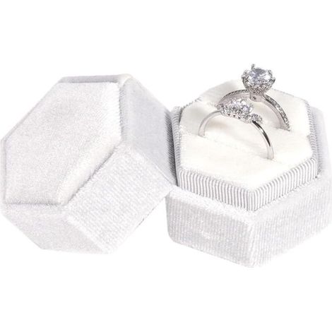 Boîte à Bague Hexagonale Blanche pour Mariage, Demande en Fiançailles et Saint-Valentin (1/4)