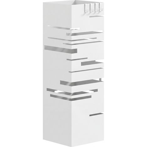 HOMCOM paragüero metálico, soporte de paraguas con 4 ganchos y bandeja de goteo extraíble, paragüero blanco para entrada, oficina, 15,5x15,5x49 cm