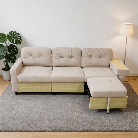 Canapé d’angle modulaire 3 places avec ottomane extensible, port USB, rangement et accoudoir-table en bois, canapé en velours avec mousse haute densité, canapé de salon vert, beige (1/5)