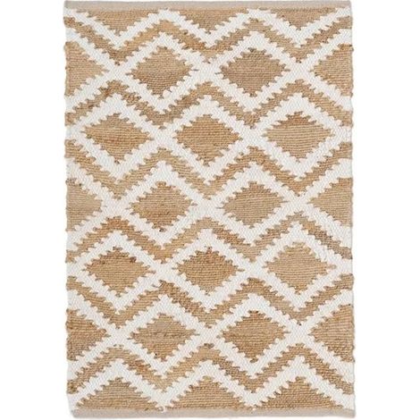 Tapis - JUANIO - À motifs losanges blancs - 60 x 90 cm - 60% jute/40% coton - Naturel