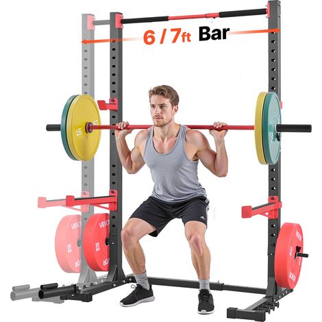 Cage de Musculation Multifonctionnelle, Rack à Squats à Largeur Réglable, Station de Musculation pour Squat Développé Couché Traction Gym, avec Fixation pour Landmine et Barres de Sécurité