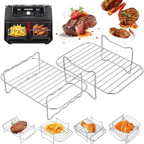 2 Pcs Grille Air Fryer, Grille pour Friteuse à Air en acier inoxydable 304, grille friteuse à airs empilables Compatibles avec double zone de 7,6 à 10,4 L (1/5)