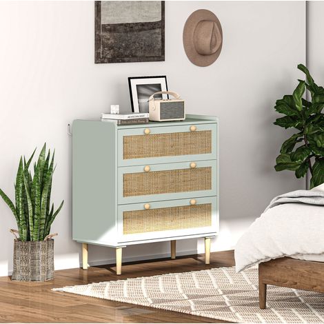 Commode en panneaux de fibres bleu clair avec 3 tiroirs, façades aspect rotin, 80 x 40 x 87,5 cm (1/5)