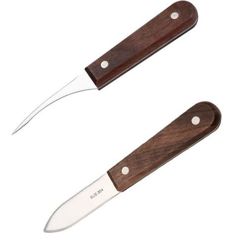Ensemble de 2 couteaux à déveiner les crevettes et à ouvrir les coquillages, en acier inoxydable avec manche en bois. (1/5)