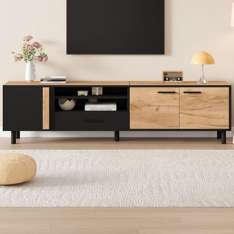 Mobile porta TV moderno in legno naturale e nero, 180x32,5x50 cm, con 3 ante e 1 cassetto, 2 nicchie a giorno, credenza bassa con 5 gambe (1/5)