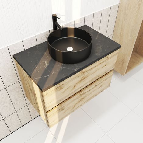 Mueble de baño 80cm Roble Natural 2 Cajones y Encimera Efecto Mármol Negro + Lavabo Redondo Negro