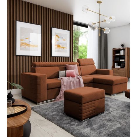 Ecksofa Schlafsofa inkl. Hocker CANTON Stoff Camelia Rostbraun Ottomane Rechts (1/4)