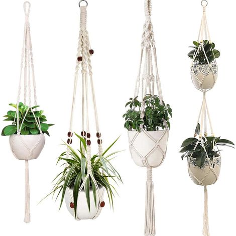 QAZQA Macramé Pot Suspendu Macramé Plant Hangers Corde de Coton 4 Jambes Pot Suspendu Plante Porte Décoration Intérieur Extérieur Style Bohême Tissés à la Main Fleurs en Macramé (4 Pièces)