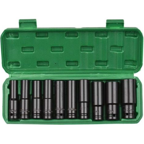 Jeu de 10 douilles à chocs hexagonales à entraînement 1/2", douilles profondes métriques, 10-24 mm avec étui de rangement (1/5)