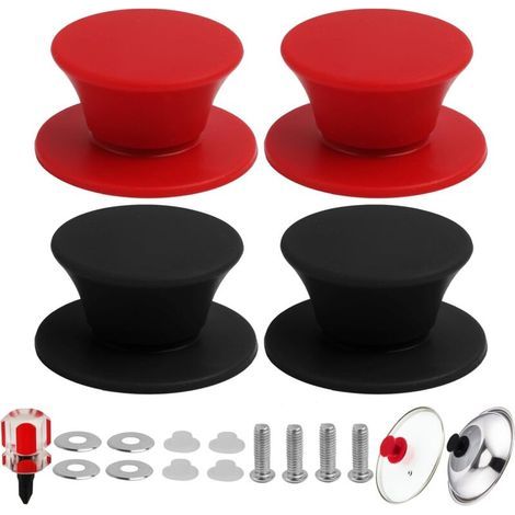 Set mit 4 universellen und hitzebeständigen Silikon-Topfdeckelgriffen, BPA-frei, mit Edelstahlschrauben und -dichtungen, spülmaschinenfest. (1/5)