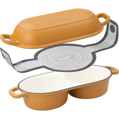 Mahlzeit Gusseisen Brotbacktopf Set emailliert, 5 Liter, 2 Backkammern, mit Brotschlinge, Sunny Orange (1/5)