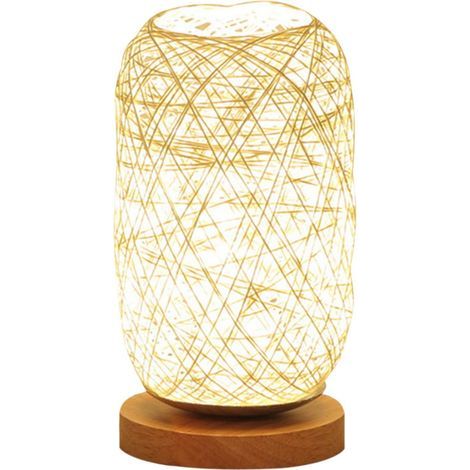 Lampe de Table LED de Chevet Alimenté par USB Veilleuse avec Base en Bois et Abat-jour en Rotin Rustique Lampe de Bureau Réglable en Luminosité Lampe de Chevet pour Chambre à Coucher, Salon- (1/5)