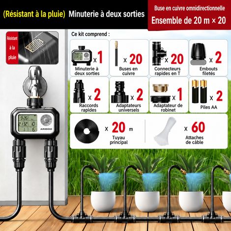 Kit programmateur d’arrosage double sortie avec capteur de pluie, tuyau 20 m et 20 buses laiton D4 20 m20 d4 30 × 20 × 20 cm 2,05 kg – Livraison gratuite