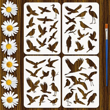 4Pcs Pochoirs Silhouette D'Oiseau Avec Pinceau 21x29.7cm Pochoirs Silhouette D'Oiseaux Modèle Animaux Oiseau Pochoir en Plastique Pet Épaissi pour Peinture sur Bois Mur Meuble (1/5)