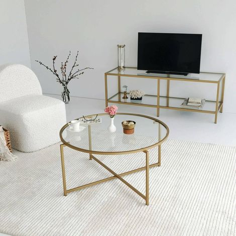 Dmora - Wohnzimmertisch Cursa, Niedriger Wohnzimmertisch, Kaffeeregal, Couchtisch für Sofa, 83x83h40 cm, Gold, mit verstärkter Verpackung (1/5)