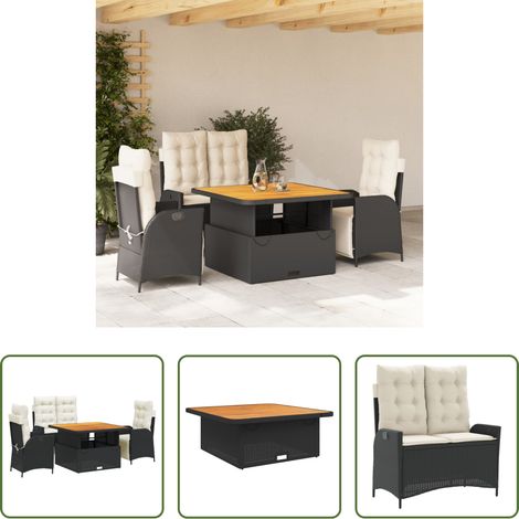 Gartenbank - 4-tlg. Garten-Essgruppe mit Kissen Schwarz Poly Rattan (1/5)