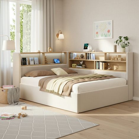 Lit de jour 140x190 cm en velours beige avec coffre hydraulique, led et usb, dossier rembourré (1/5)