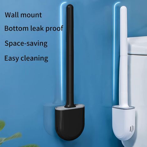 Flache Silikon-Toilettenbürste, 2er-Pack, Wand-Toilettenbürste, schnelltrocknende Badezimmer-Toilettenbürste mit langem Griff, Toilettenbürstenhalter mit tropffreier Basis (schwarz)