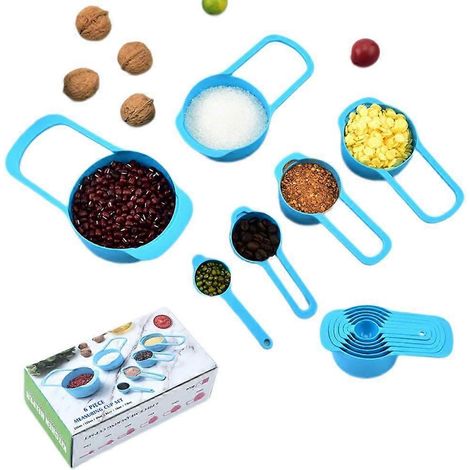 Set aus 6 Küchenmessbechern und -löffeln, Backutensilien aus Kunststoff, zum Abmessen von Mehl und Flüssigkeiten. (1/5)