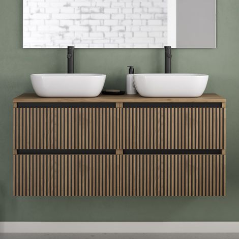 Meuble de salle de bain 120cm avec plateau et 2 vasques à poser arrondies - 4 tiroirs - sans miroir - noyer (bois foncé) - VENERIA